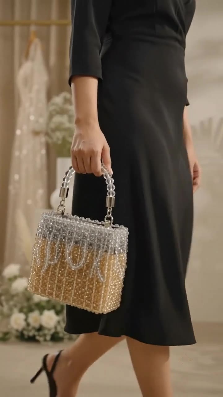 Crystal Evening Bag concept production, held against an evening fashion look